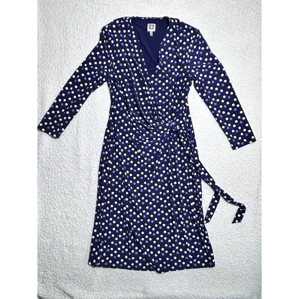 Anne Klein Womens Wrap Dress Size M Navy Blue White Polka DotFauxWrap LongSleeve - Picture 2 of 8